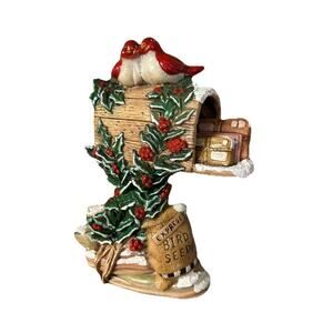 Vintage Chickadee Love Birds On Mail Box W/ Holly & Berries Christmas Figurine